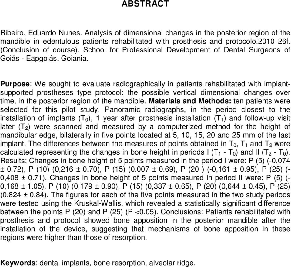 Purpose: We sought to evaluate radiographically in patients rehabilitated with implantsupported prostheses type protocol: the possible vertical dimensional changes over time, in the posterior region