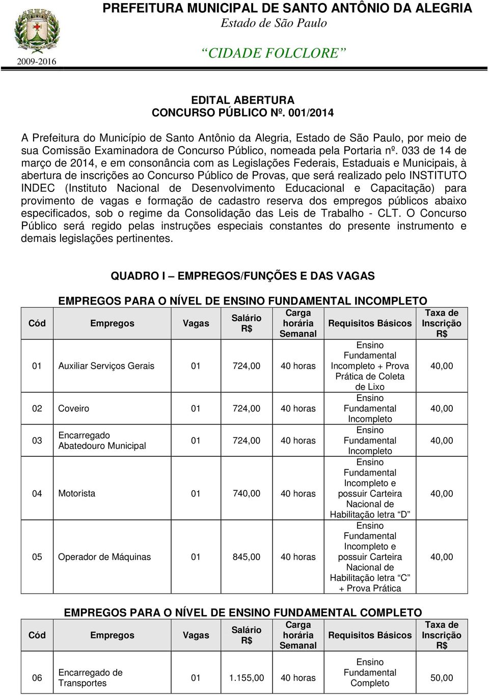 (Instituto Nacional de Desenvolvimento Educacional e Capacitação) para provimento de vagas e formação de cadastro reserva dos empregos públicos abaixo especificados, sob o regime da Consolidação das