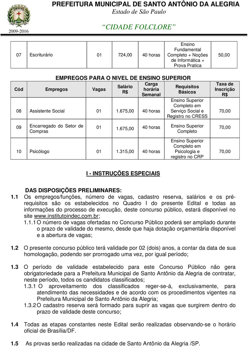 675,00 40 horas Ensino Superior Completo 70,00 10 Psicólogo 01 1.