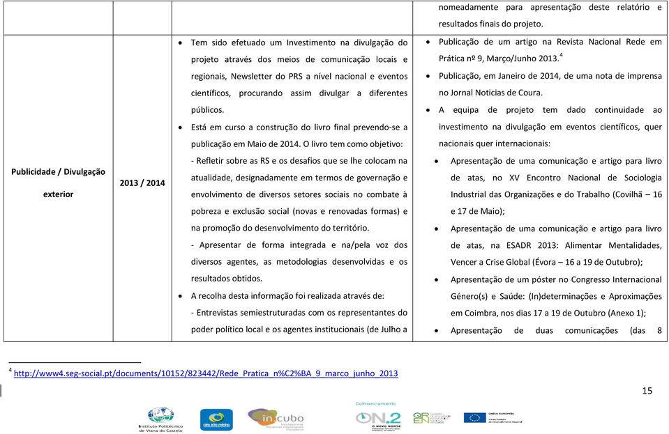 4 regionais, Newsletter do PRS a nível nacional e eventos Publicação, em Janeiro de 2014, de uma nota de imprensa científicos, procurando assim divulgar a diferentes no Jornal Noticias de Coura.