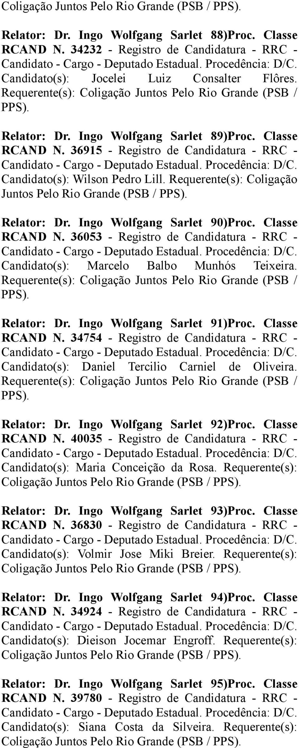 Requerente(s): Coligação Juntos Pelo Rio Grande (PSB / PPS). Relator: Dr. Ingo Wolfgang Sarlet 90)Proc. Classe RCAND N.