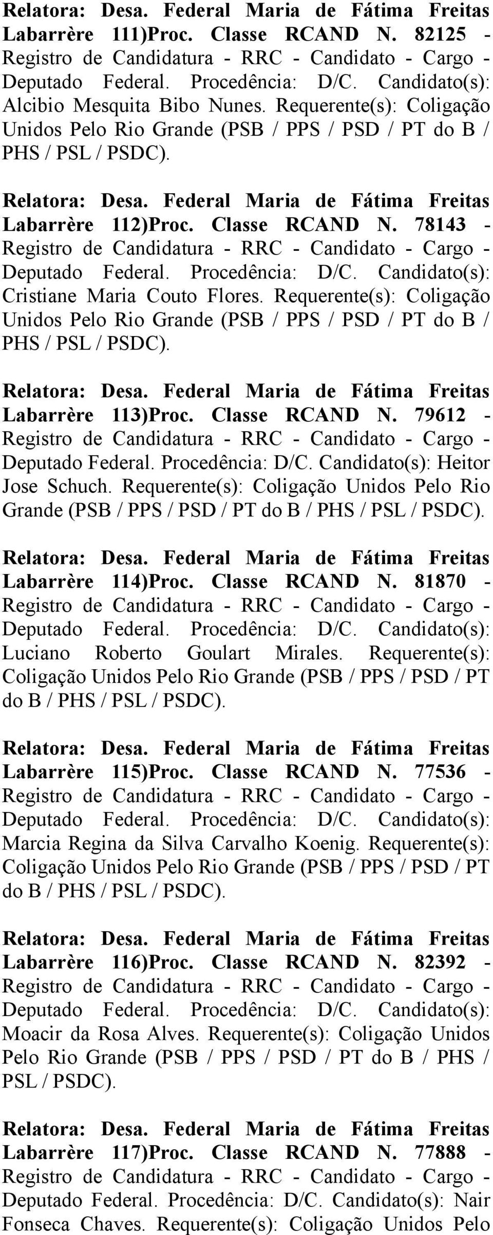 Candidato(s): Cristiane Maria Couto Flores. Requerente(s): Coligação Unidos Pelo Rio Grande (PSB / PPS / PSD / PT do B / PHS / PSL / PSDC). Labarrère 113)Proc. Classe RCAND N.