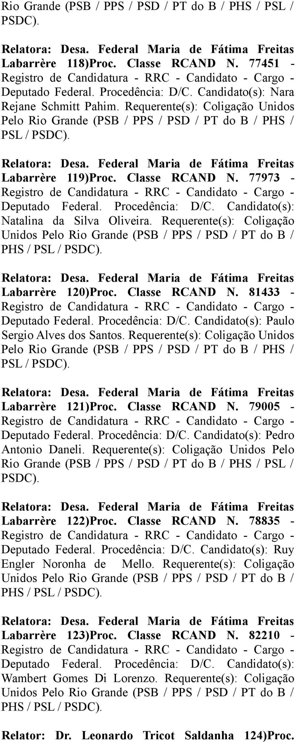 Candidato(s): Natalina da Silva Oliveira. Requerente(s): Coligação Unidos Pelo Rio Grande (PSB / PPS / PSD / PT do B / PHS / PSL / PSDC). Labarrère 120)Proc. Classe RCAND N. 81433 - Deputado Federal.