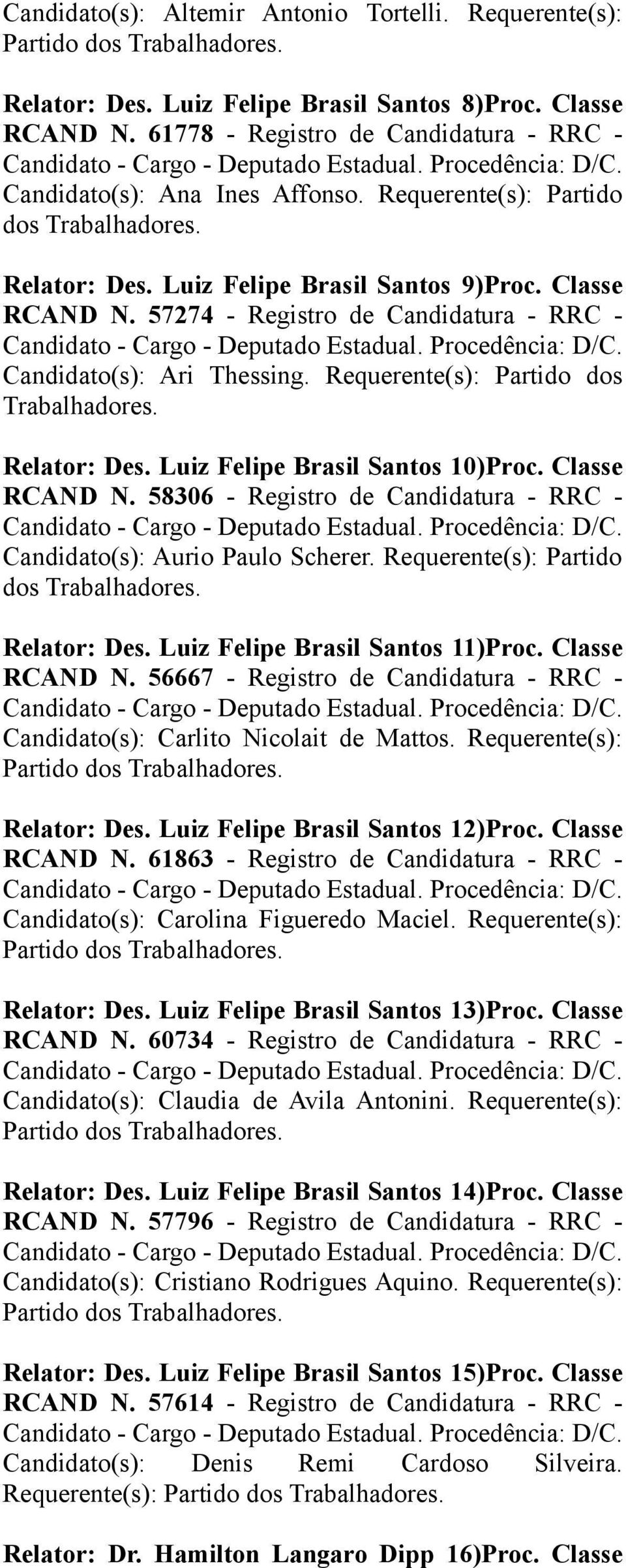 57274 - Registro de Candidatura - RRC - Candidato(s): Ari Thessing. Requerente(s): Partido dos Trabalhadores. Relator: Des. Luiz Felipe Brasil Santos 10)Proc. Classe RCAND N.