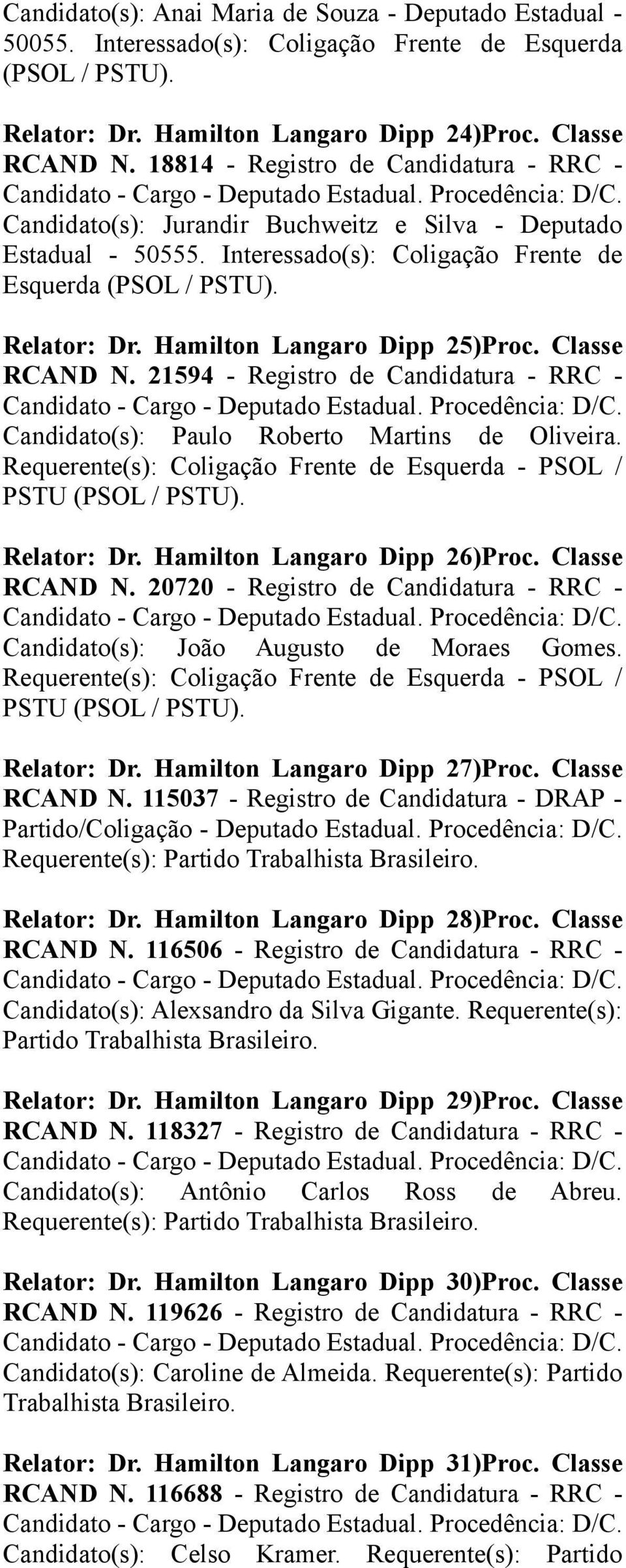 Hamilton Langaro Dipp 25)Proc. Classe RCAND N. 21594 - Registro de Candidatura - RRC - Candidato(s): Paulo Roberto Martins de Oliveira.