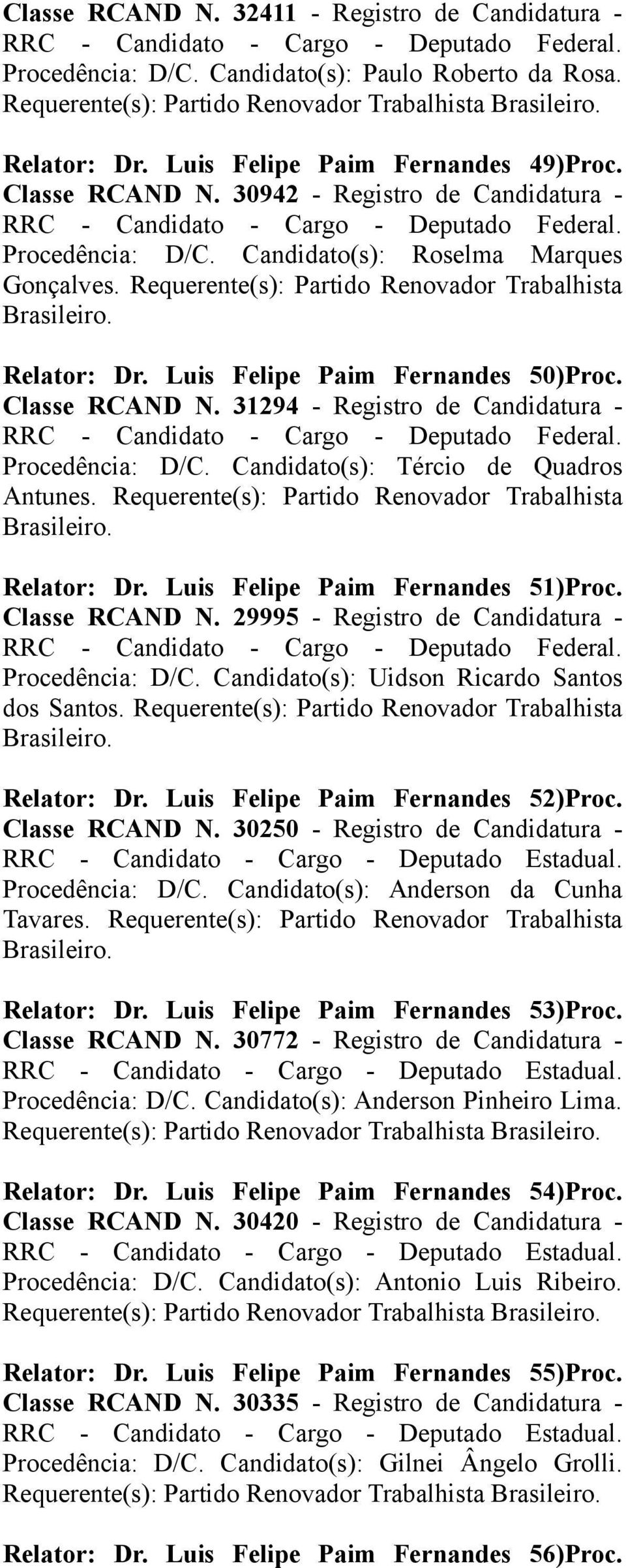 Classe RCAND N. 31294 - Registro de Candidatura - Procedência: D/C. Candidato(s): Tércio de Quadros Antunes. Requerente(s): Partido Renovador Trabalhista Brasileiro. Relator: Dr.