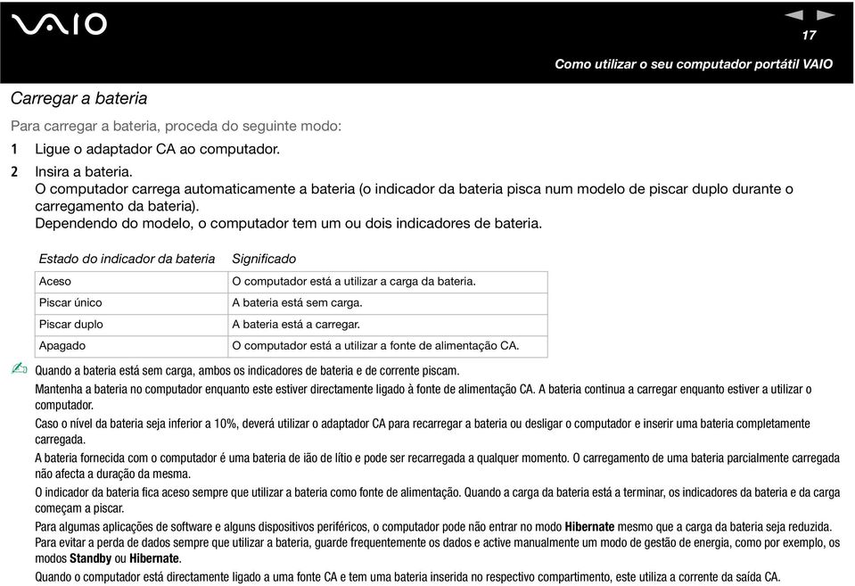 Depededo do modelo, o computador tem um ou dois idicadores de bateria. Estado do idicador da bateria Aceso Piscar úico Piscar duplo Apagado Sigificado O computador está a utilizar a carga da bateria.