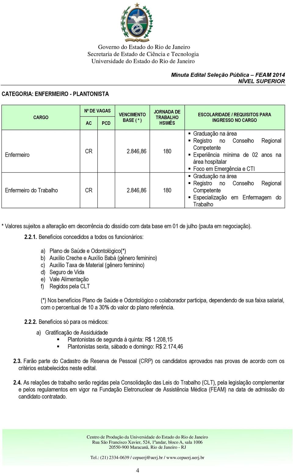 846,86 180 ESCOLARIDADE / REQUISITOS PARA INGRESSO NO CARGO Graduação na área Registro no Conselho Regional Competente Experiência mínima de 02 anos na área hospitalar Foco em Emergência e CTI