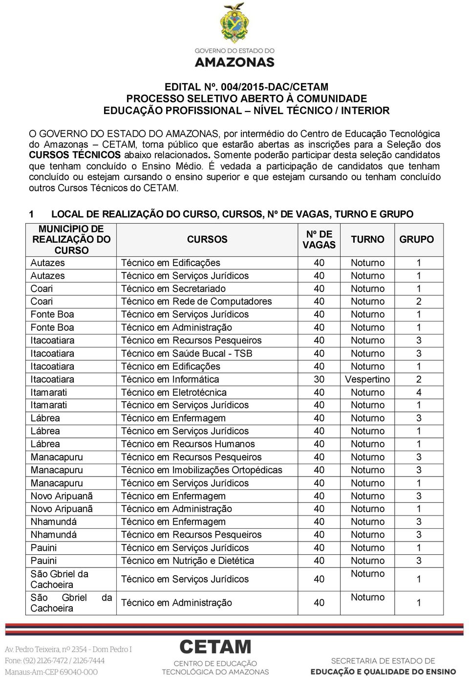 CETAM, torna público que estarão abertas as inscrições para a Seleção dos CURSOS TÉCNICOS abaixo relacionados. Somente poderão participar desta seleção candidatos que tenham concluído o Ensino Médio.