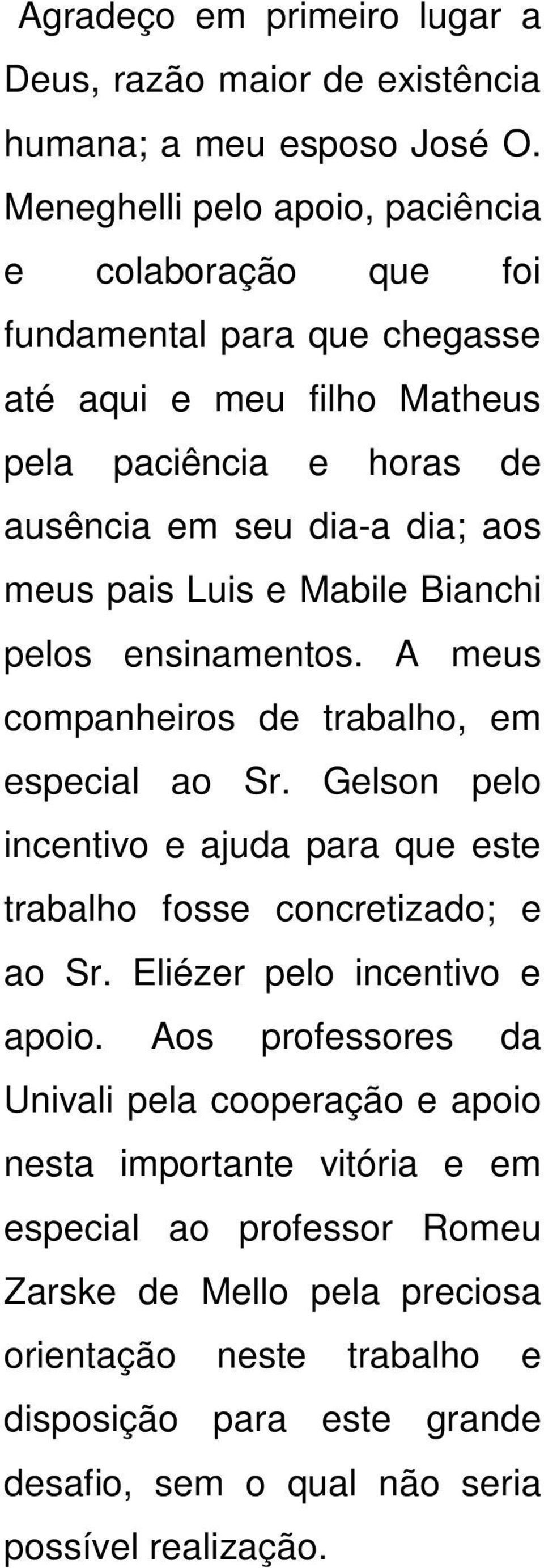 Luis e Mabile Bianchi pelos ensinamentos. A meus companheiros de trabalho, em especial ao Sr. Gelson pelo incentivo e ajuda para que este trabalho fosse concretizado; e ao Sr.