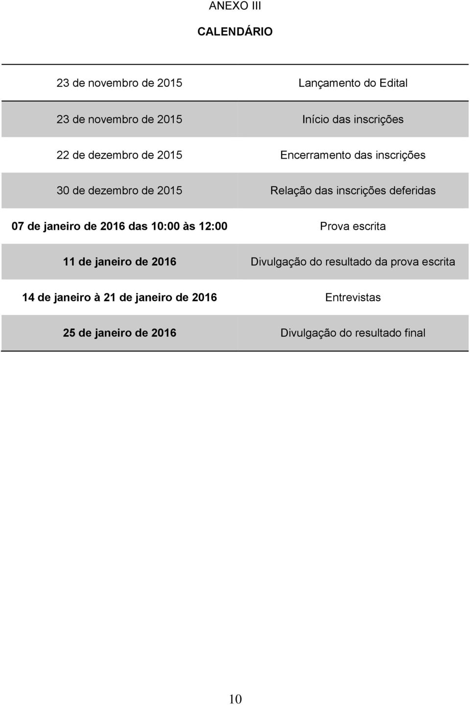 de janeiro de 2016 das 10:00 às 12:00 Prova escrita 11 de janeiro de 2016 Divulgação do resultado da prova