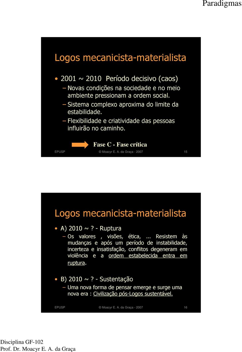 da Graça - 2007 15 Logos mecanicista-materialista A) 2010 ~? - Ruptura Os valores, visões, ética,.