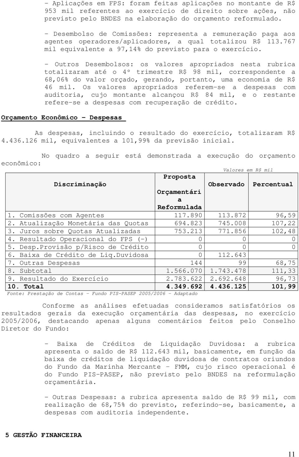 - Outros Desembolsos: os valores apropriados nesta rubrica totalizaram até o 4º trimestre R$ 98 mil, correspondente a 68,06% do valor orçado, gerando, portanto, uma economia de R$ 46 mil.