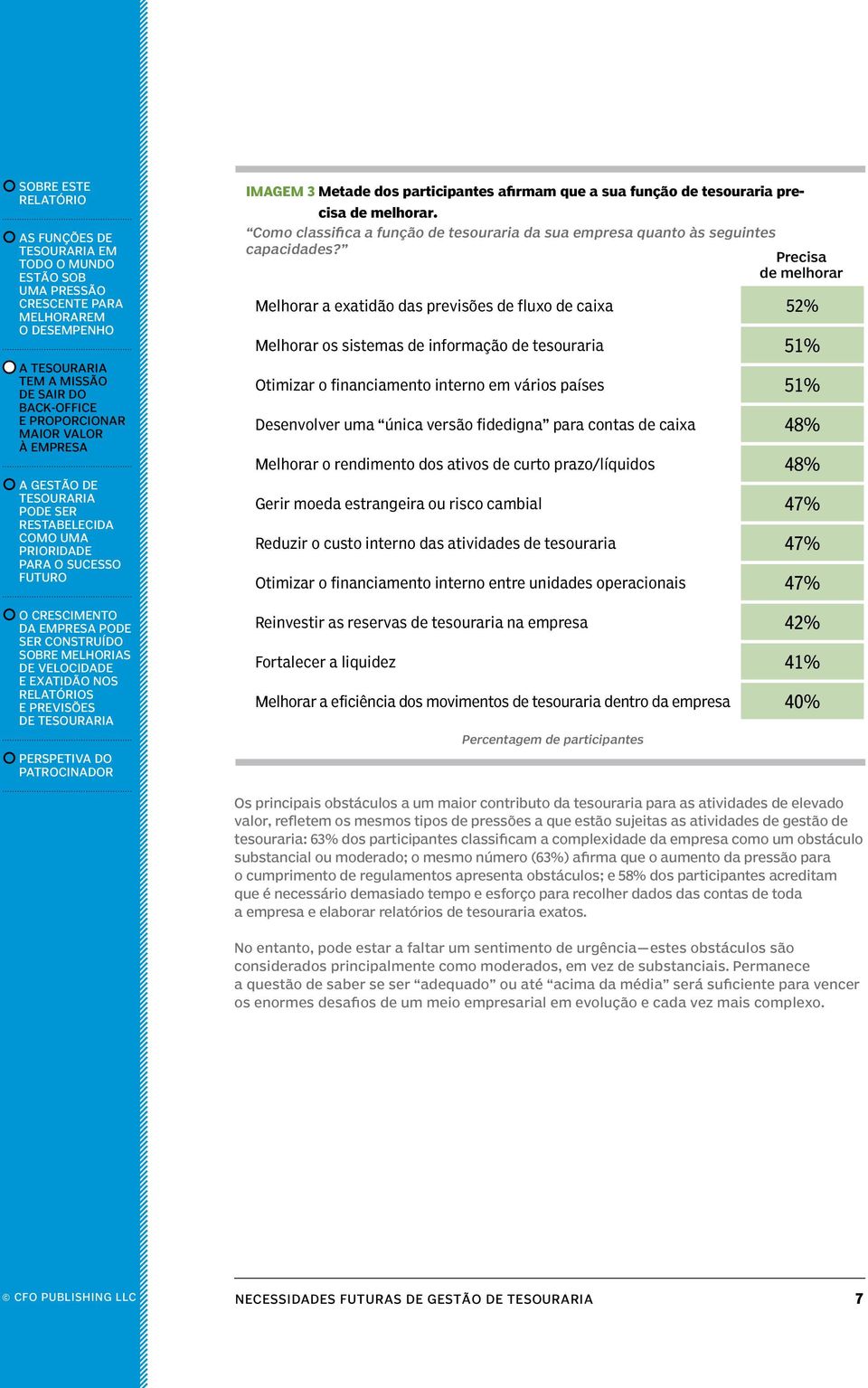 fidedigna para contas de caixa 48% Melhorar o rendimento dos ativos de curto prazo/líquidos 48% Gerir moeda estrangeira ou risco cambial 47% Reduzir o custo interno das atividades 47% Otimizar o