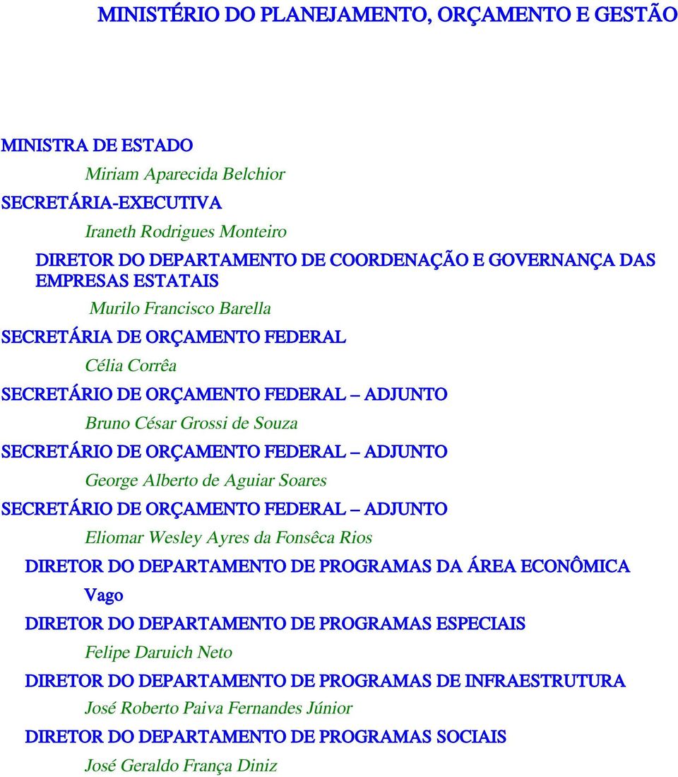 George Alberto de Aguiar Soares SECRETÁRIO DE ORÇAMENTO FEDERAL ADJUNTO Eliomar Wesley Ayres da Fonsêca Rios DIRETOR DO DEPARTAMENTO DE PROGRAMAS DA ÁREA ECONÔMICA Vago DIRETOR DO DEPARTAMENTO DE