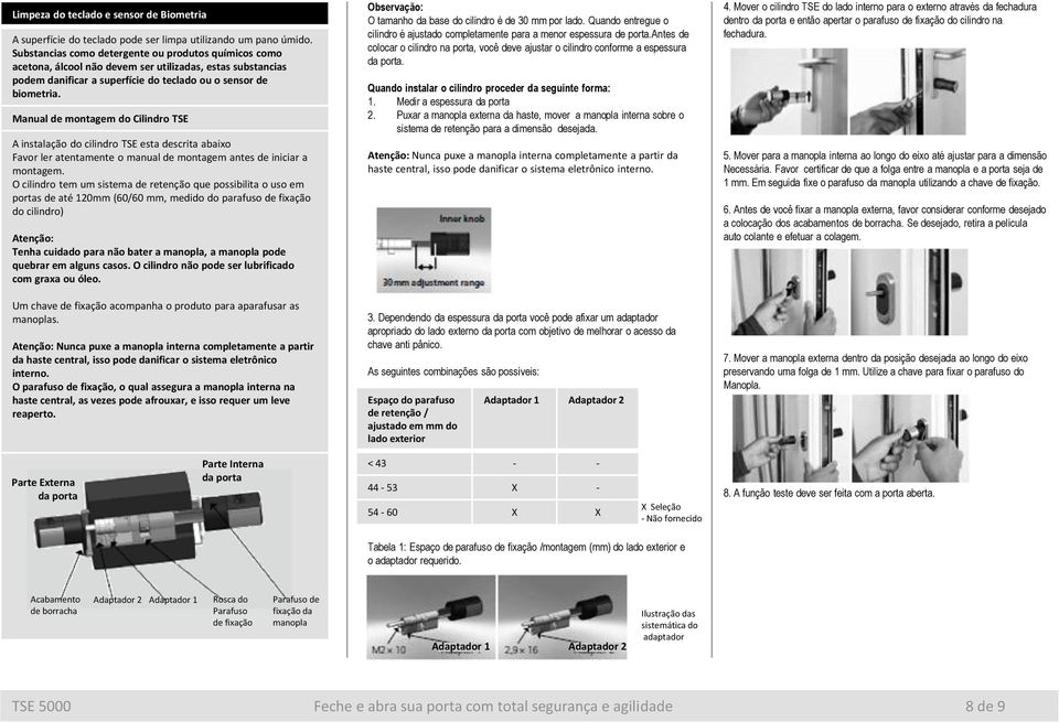 Manual de montagem do Cilindro TSE A instalação do cilindro TSE esta descrita abaixo Favor ler atentamente o manual de montagem antes de iniciar a montagem.