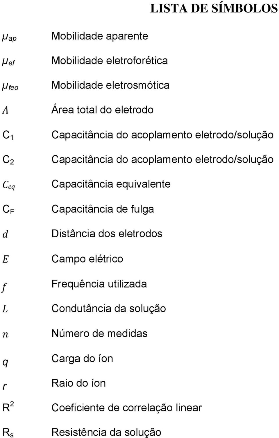 eletrodo/solução Capacitância equivalente Capacitância de fulga Distância dos eletrodos Campo elétrico Frequência