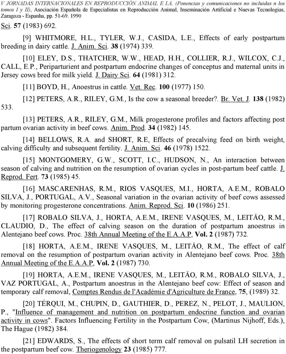 , Anoestrus in cattle. Vet. Rec. 100 (1977) 150. [12] PETERS, A.R., RILEY, G.M., Is the cow a seasonal breeder?. Br. Vet. J. 138 (1982) [13] PETERS, A.R., RILEY, G.M., Milk progesterone profiles and factors affecting post partum ovarian activity in beef cows.