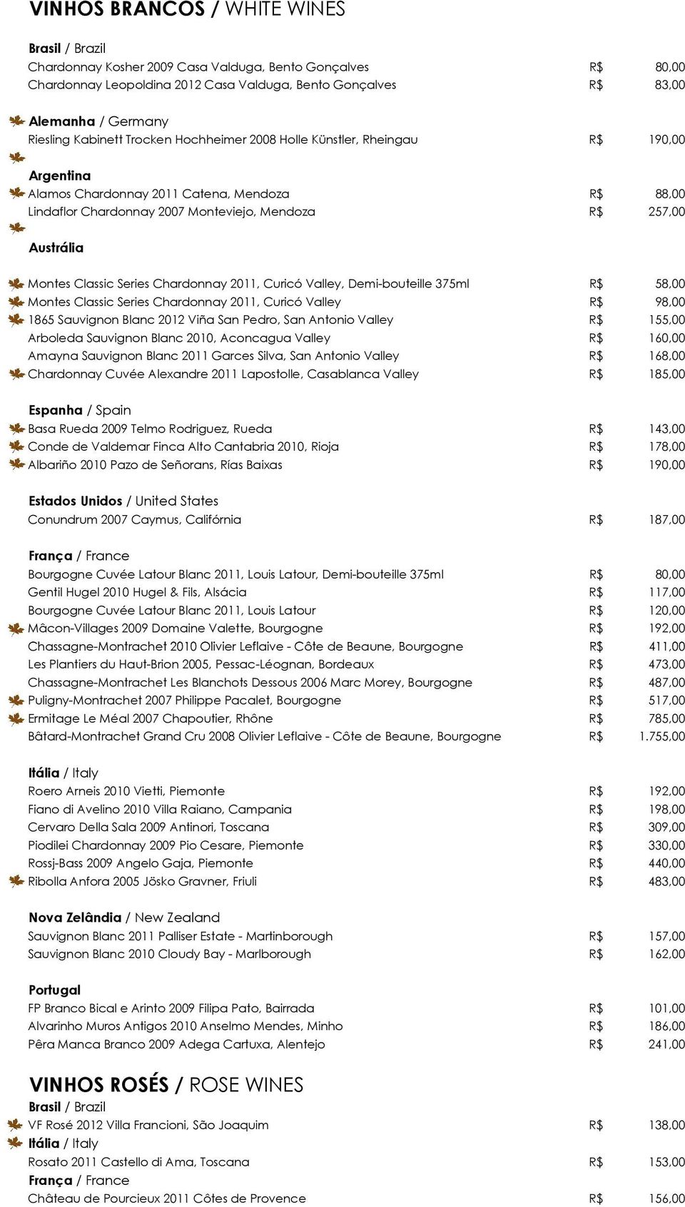 Austrália Montes Classic Series Chardonnay 2011, Curicó Valley, Demi-bouteille 375ml R$ 58,00 Montes Classic Series Chardonnay 2011, Curicó Valley R$ 98,00 1865 Sauvignon Blanc 2012 Viña San Pedro,