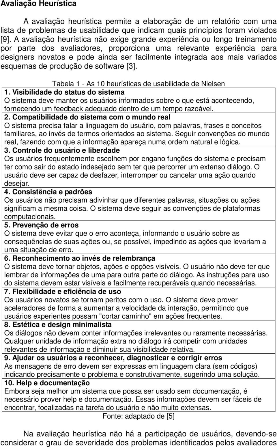 aos mais variados esquemas de produção de software [3]. Tabela 1 - As 10 heurísticas de usabilidade de Nielsen 1.