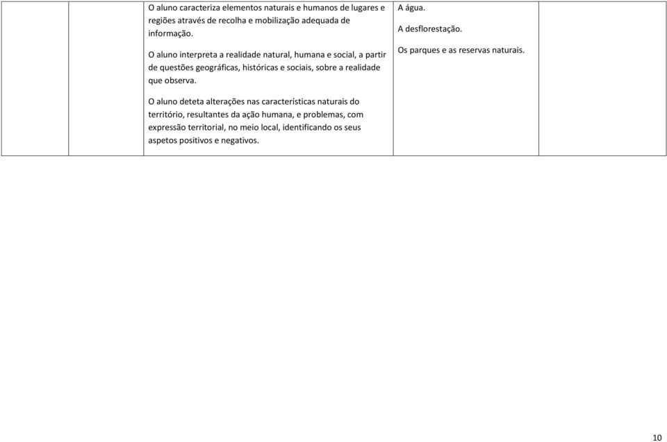 observa. A água. A desflorestação. Os parques e as reservas naturais.