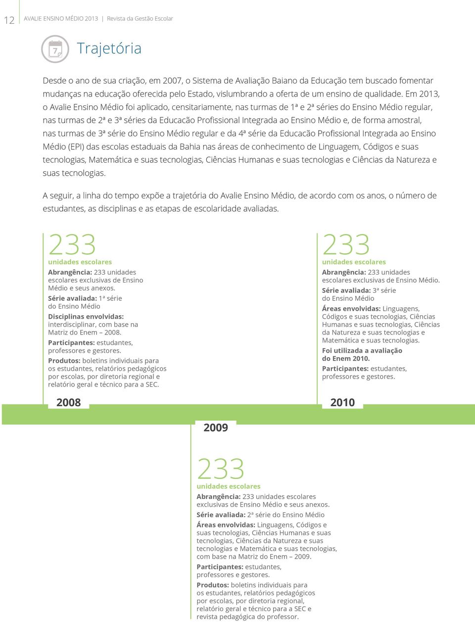 Em 2013, o Avalie Ensino Médio foi aplicado, censitariamente, nas turmas de 1ª e 2ª séries do Ensino Médio regular, nas turmas de 2ª e 3ª séries da Educacão Profissional Integrada ao Ensino Médio e,