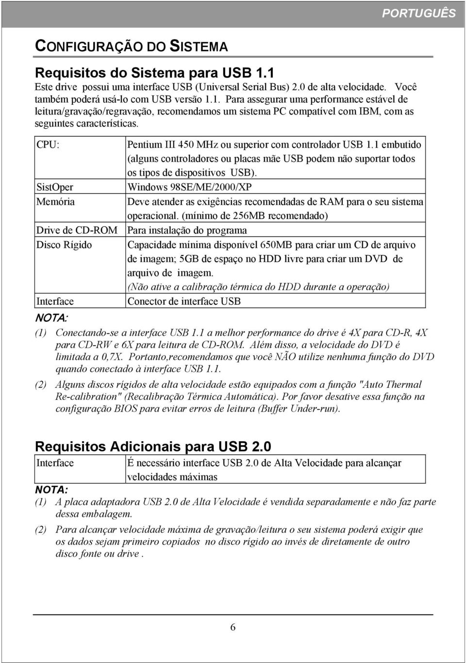CPU: Pentium III 450 MHz ou superior com controlador USB 1.1 embutido (alguns controladores ou placas mãe USB podem não suportar todos os tipos de dispositivos USB).