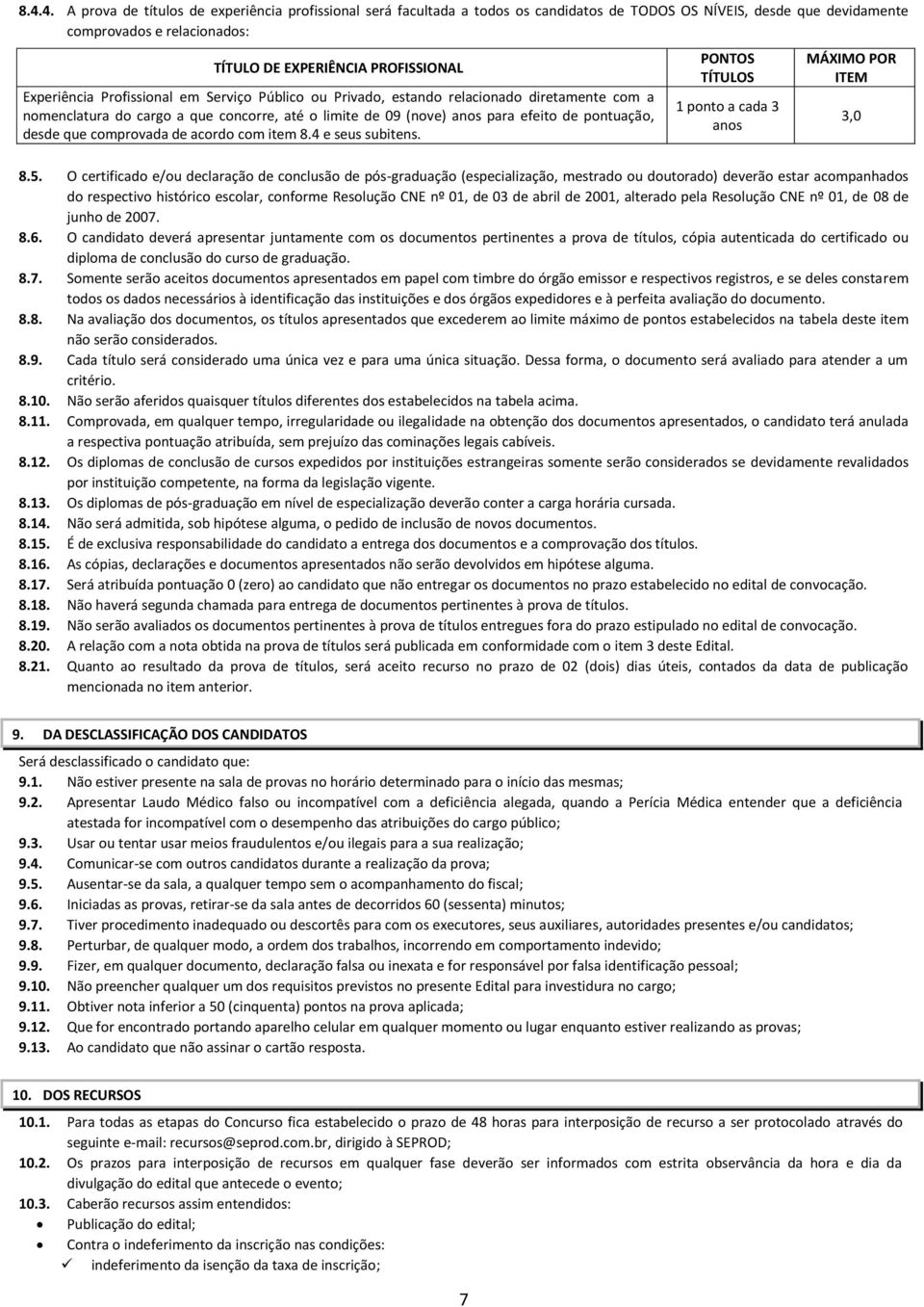 comprovada de acordo com item 8.4 e seus subitens. PONTOS TÍTULOS 1 ponto a cada 3 anos MÁXIMO POR ITEM 8.5.