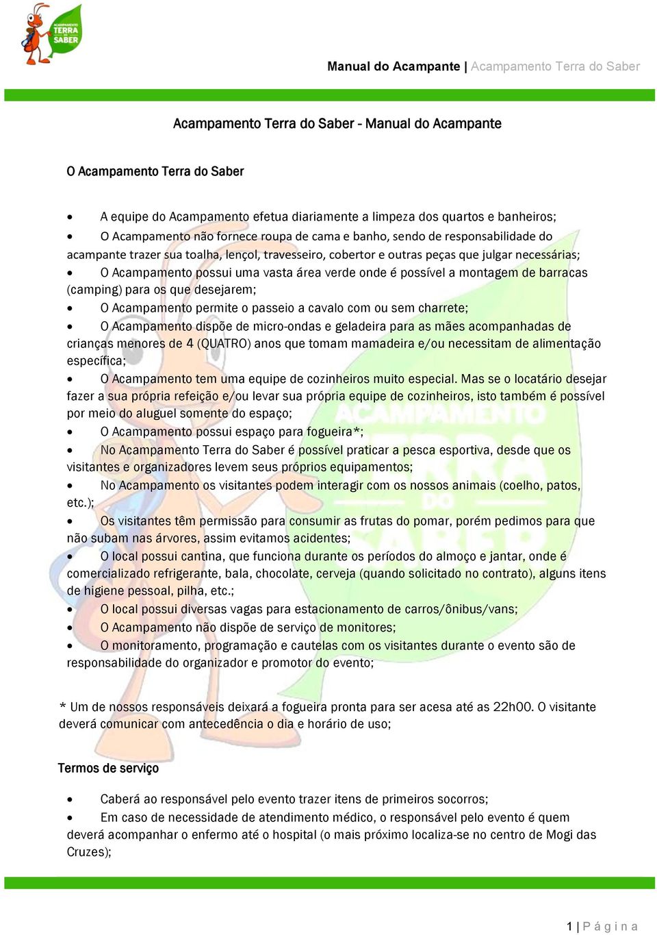 montagem de barracas (camping) para os que desejarem; O Acampamento permite o passeio a cavalo com ou sem charrete; O Acampamento dispõe de micro-ondas e geladeira para as mães acompanhadas de