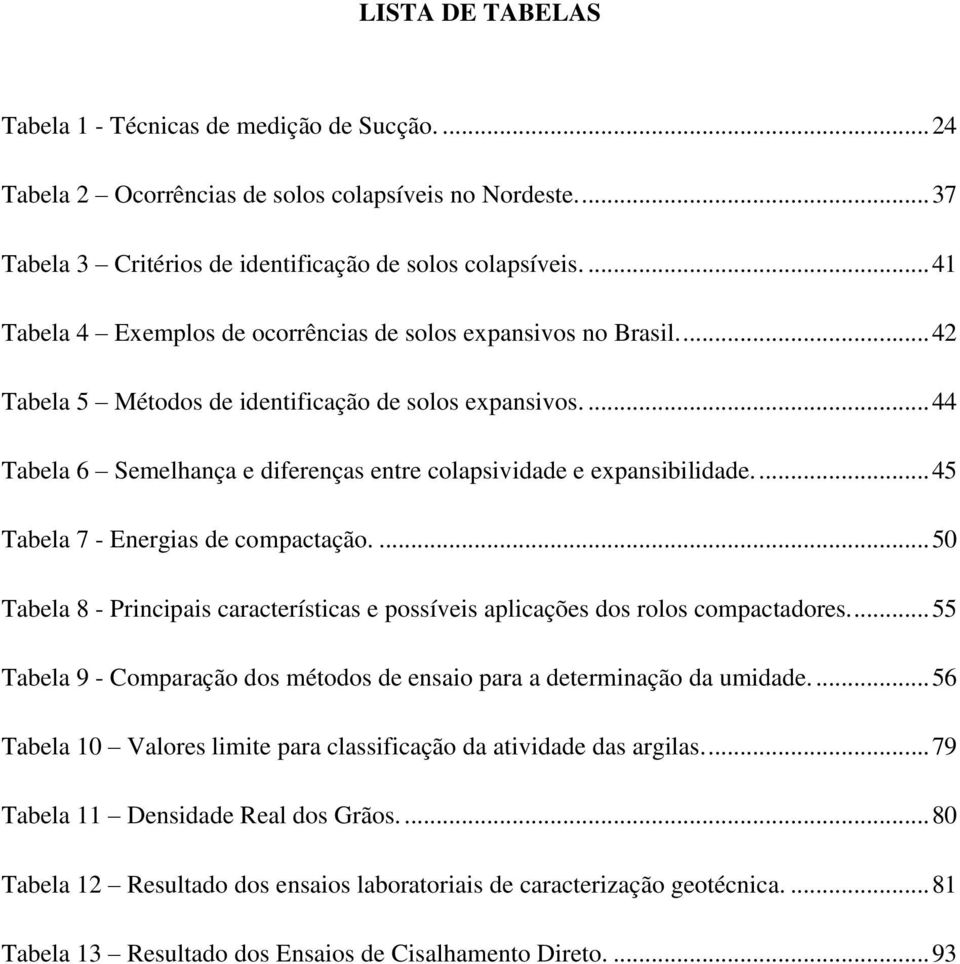 ... 44 Tabela 6 Semelhança e diferenças entre colapsividade e expansibilidade.... 45 Tabela 7 - Energias de compactação.