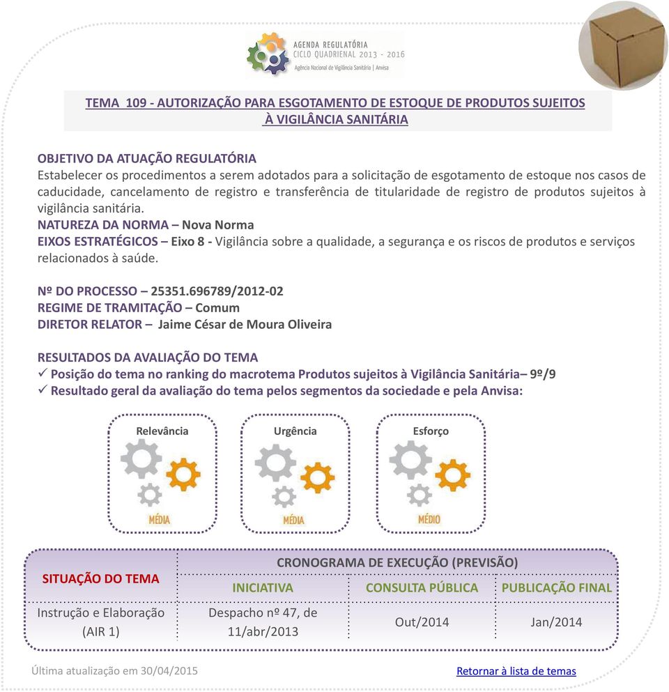 EIXOS ESTRATÉGICOS Eixo 8 - Vigilância sobre a qualidade, a segurança e os riscos de produtos e serviços relacionados à saúde. Nº DO PROCESSO 25351.