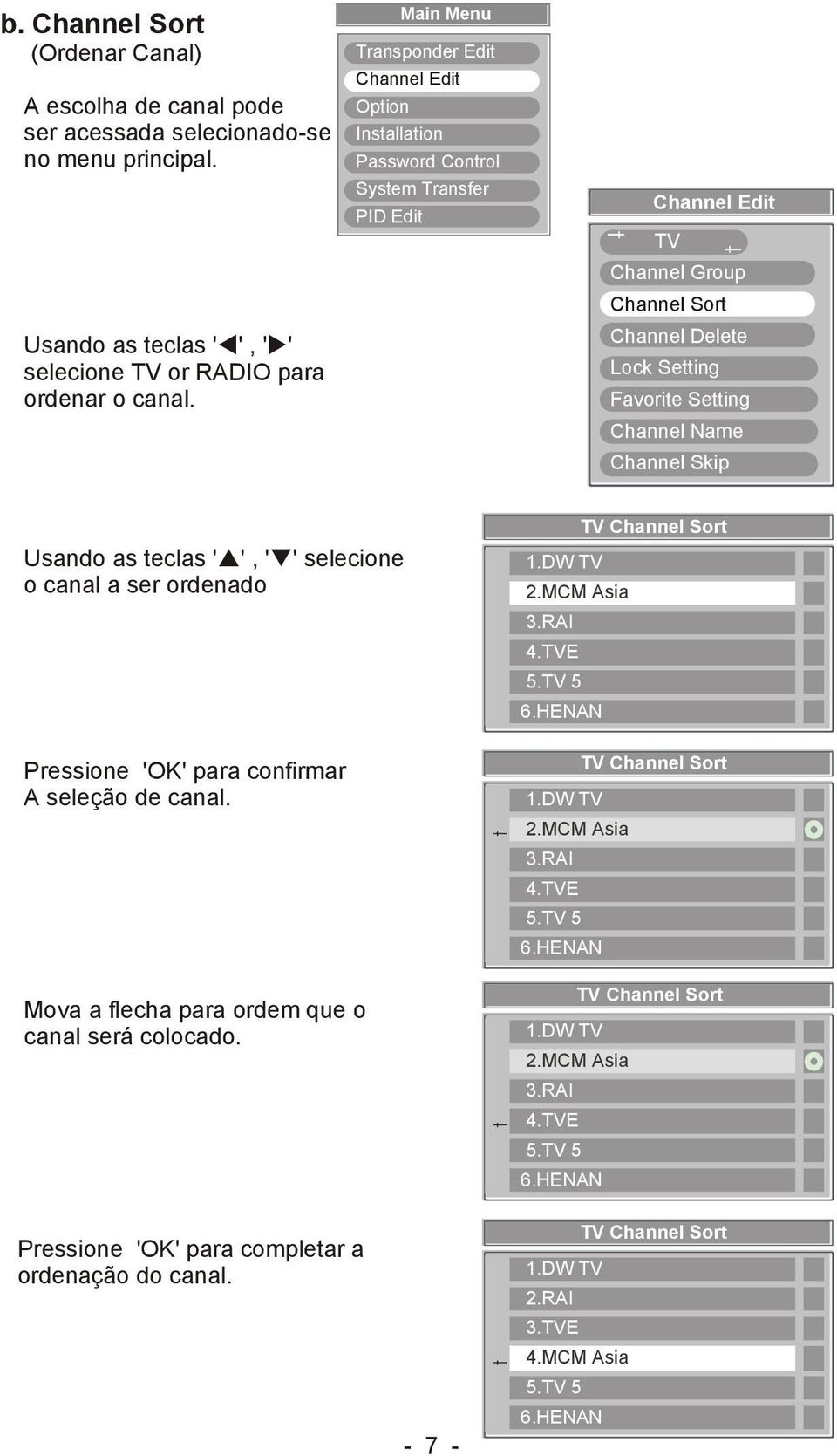 Channel Name Channel Skip Usando as eclas ' ', ' ' selecione o canal a ser ordenado Pressione 'OK' para confirmar A seleção de canal.