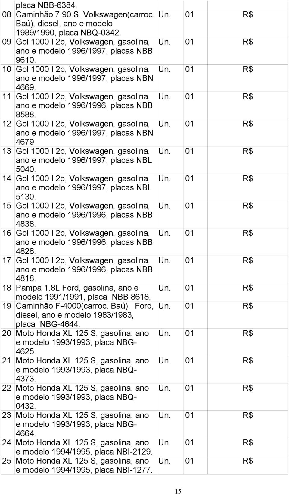 12 Gol 1000 I 2p, Volkswagen, gasolina, ano e modelo 1996/1997, placas NBN 4679 13 Gol 1000 I 2p, Volkswagen, gasolina, ano e modelo 1996/1997, placas NBL 5040.