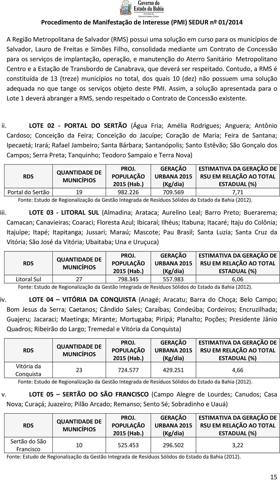 Contudo, a RMS é constituída de 13 (treze) municípios no total, dos quais 10 (dez) não possuem uma solução adequada no que tange os serviços objeto deste PMI.