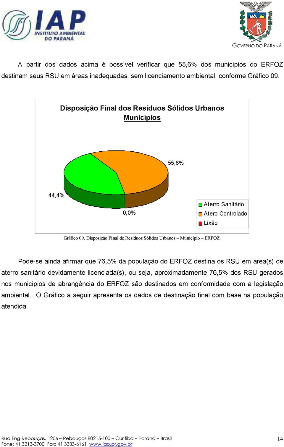 Pode-se ainda afirmar que 76,5% da população do ERFOZ destina os RSU em área(s) de aterro sanitário devidamente licenciada(s), ou seja, aproximadamente 76,5% dos