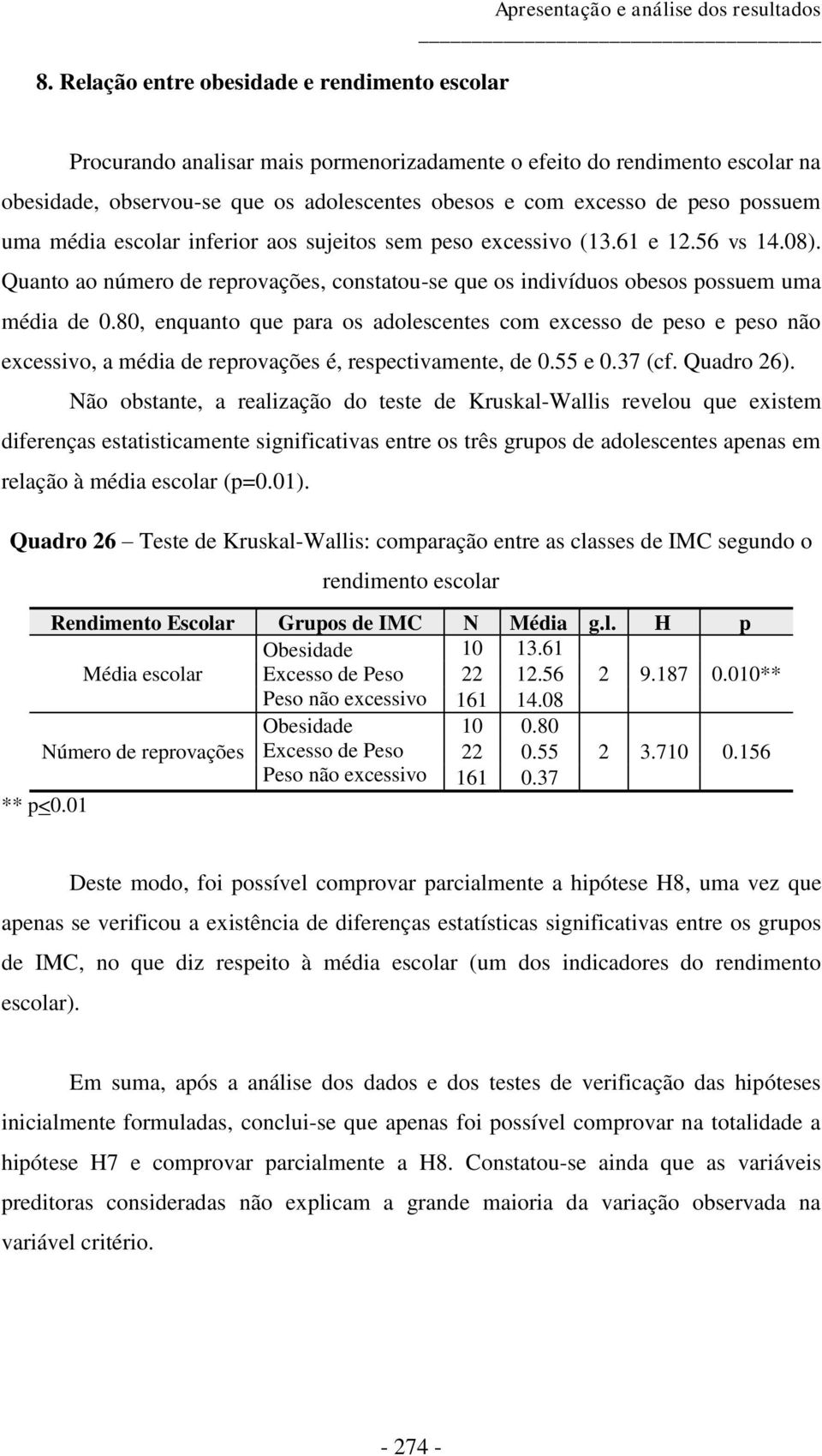 Quanto ao número de reprovações, constatou-se que os indivíduos obesos possuem uma média de 0.