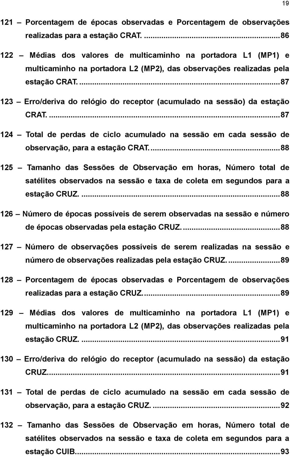 ... 87 123 Erro/deriva do relógio do receptor (acumulado na sessão) da estação CRAT.... 87 124 Total de perdas de ciclo acumulado na sessão em cada sessão de observação, para a estação CRAT.