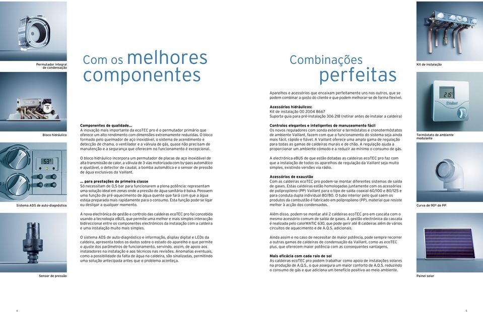 Acessórios hidráulicos: Kit de instalação 00 2004 8667 Suporte guia para pré-instalação 306 218 (retirar antes de instalar a caldeira) Bloco hidráulico Coponentes de qualidade A inovação ais