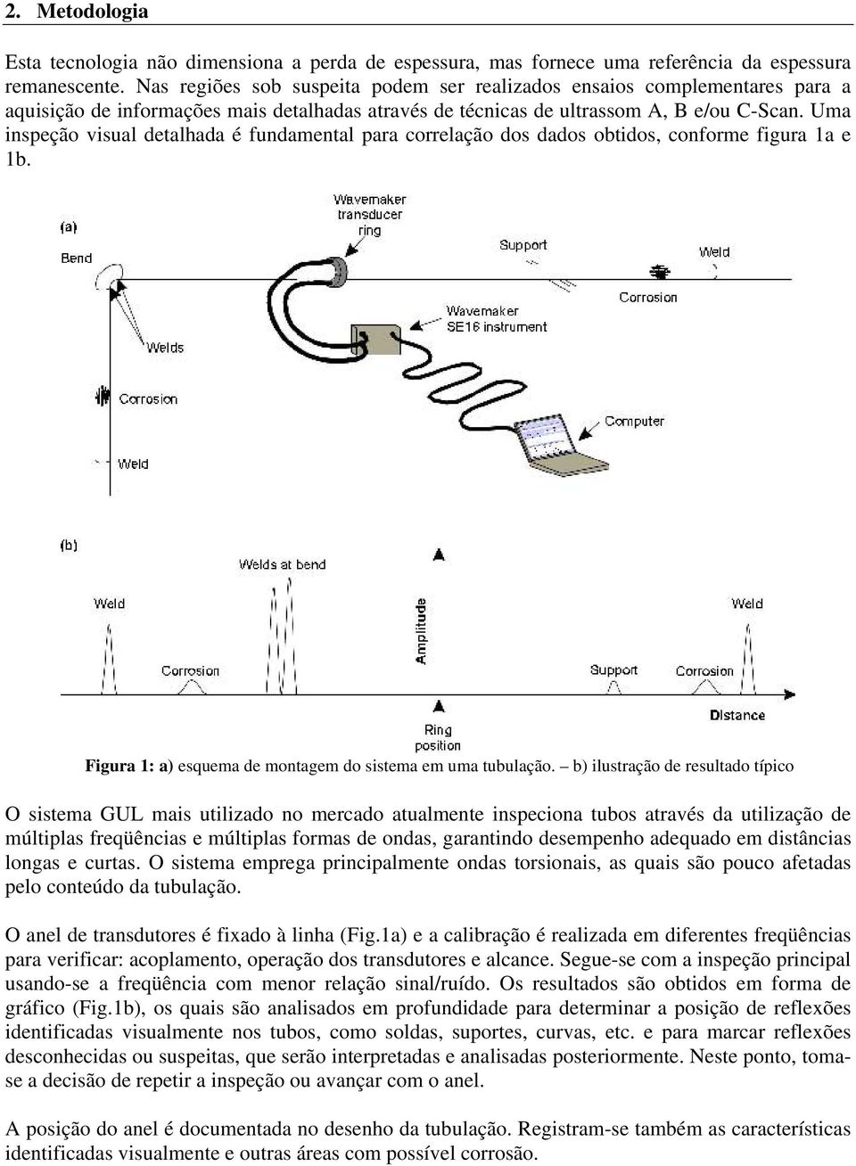 Uma inspeção visual detalhada é fundamental para correlação dos dados obtidos, conforme figura 1a e 1b. Figura 1: a) esquema de montagem do sistema em uma tubulação.