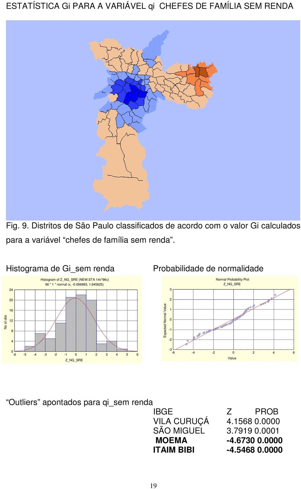 Histograma de Gi_sem renda Probabilidade de normalidade 24 Histogram of Z_NG_SRE (NEW.STA 14v*96c) 96 * 1 * normal (x, -.66983, 1.