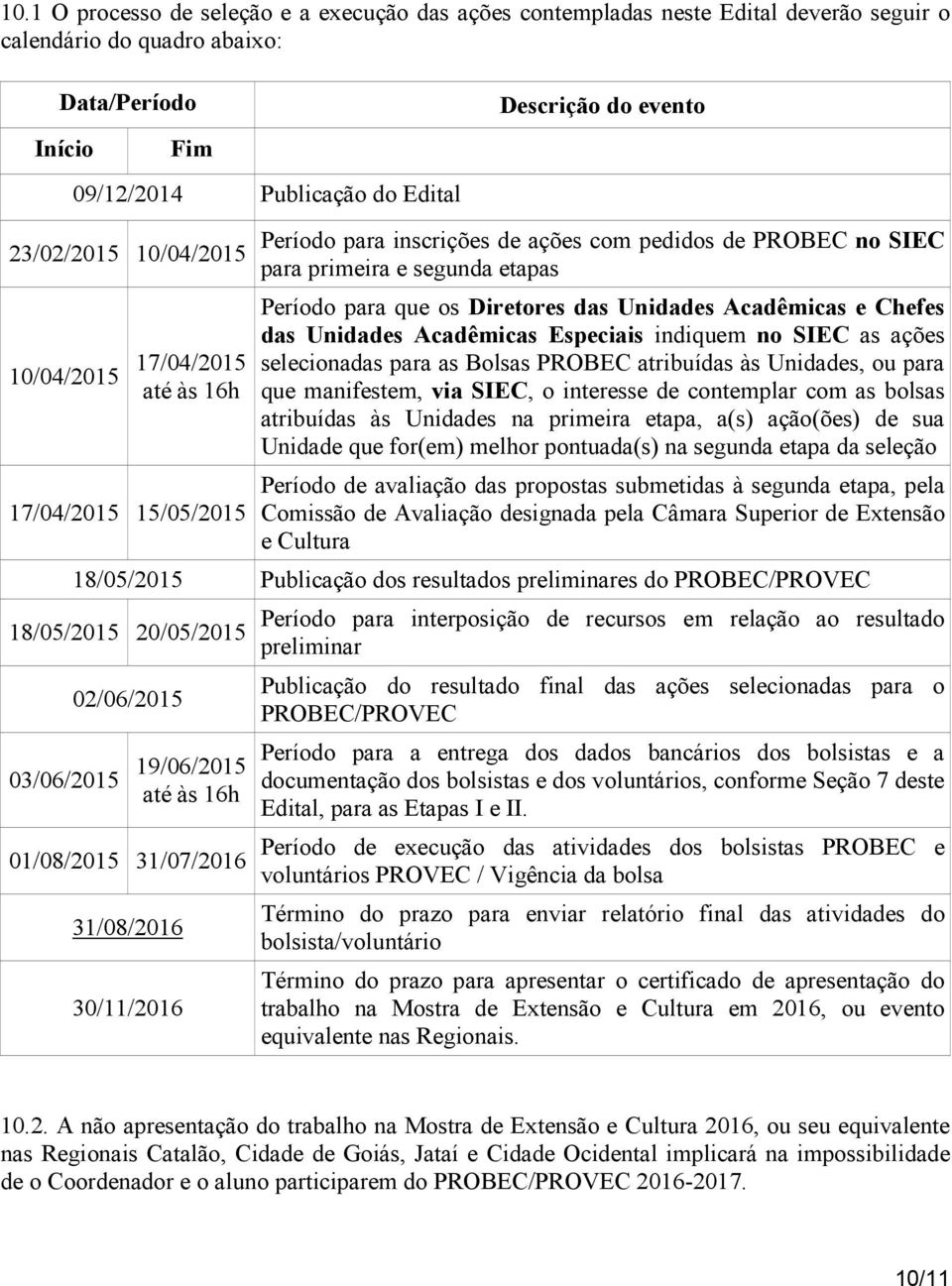 Diretores das Unidades Acadêmicas e Chefes das Unidades Acadêmicas Especiais indiquem no SIEC as ações selecionadas para as Bolsas PROBEC atribuídas às Unidades, ou para que manifestem, via SIEC, o