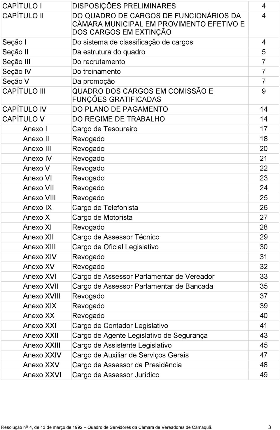 GRATIFICADAS CAPÍTULO IV DO PLANO DE PAGAMENTO 14 CAPÍTULO V DO REGIME DE TRABALHO 14 Anexo I Cargo de Tesoureiro 17 Anexo II Revogado 18 Anexo III Revogado 20 Anexo IV Revogado 21 Anexo V Revogado