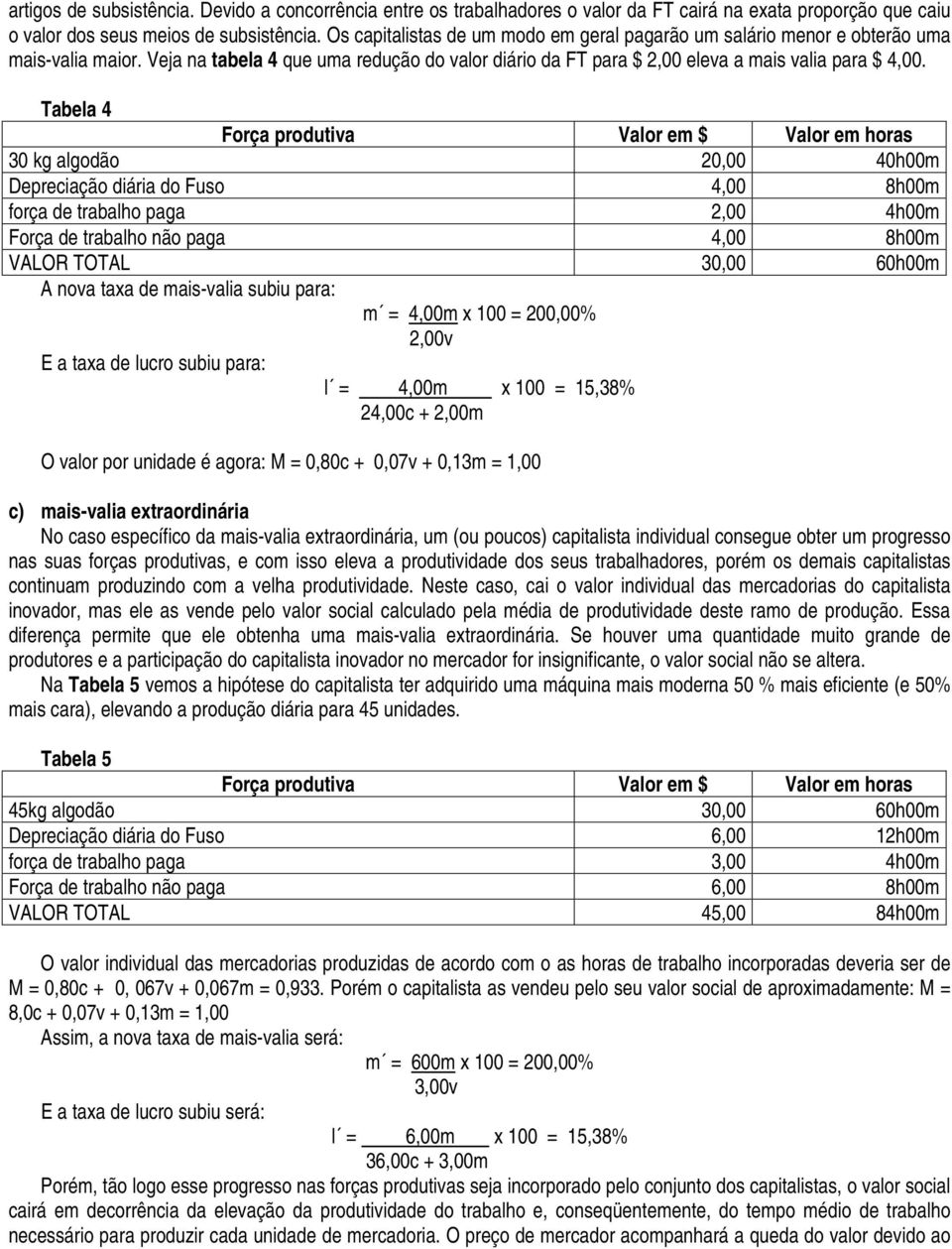 Tabela 4 Força produtiva Valor em $ Valor em horas 30 kg algodão 20,00 40h00m Depreciação diária do Fuso 4,00 8h00m força de trabalho paga 2,00 4h00m Força de trabalho não paga 4,00 8h00m VALOR TOTAL