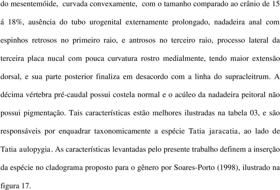 supracleitrum. A décima vértebra pré-caudal possui costela normal e o acúleo da nadadeira peitoral não possui pigmentação.