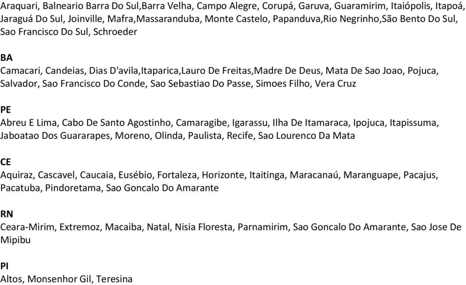 Do Passe, Simoes Filho, Vera Cruz PE Abreu E Lima, Cabo De Santo Agostinho, Camaragibe, Igarassu, Ilha De Itamaraca, Ipojuca, Itapissuma, Jaboatao Dos Guararapes, Moreno, Olinda, Paulista, Recife,