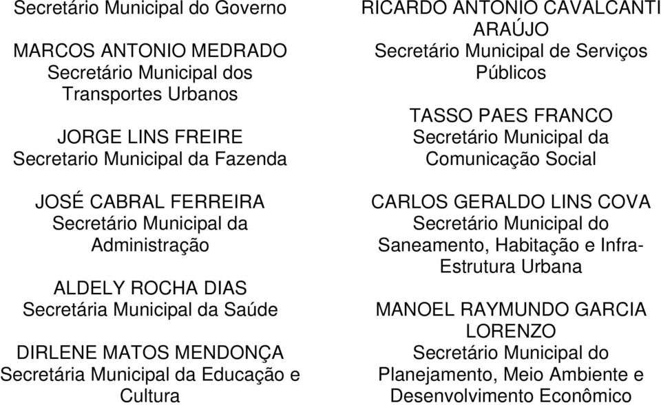 RICARDO ANTONIO CAVALCANTI ARAÚJO Secretário Municipal de Serviços Públicos TASSO PAES FRANCO Secretário Municipal da Comunicação Social CARLOS GERALDO LINS COVA