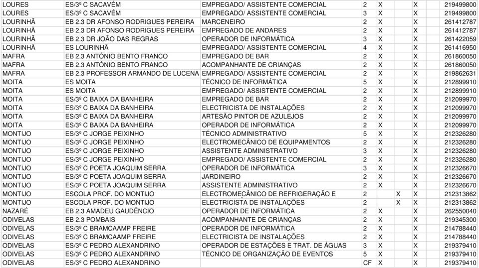 3 DR JOÃO DAS REGRAS OPERADOR DE INFORMÁTICA 3 X X 261422059 LOURINHÃ ES LOURINHÃ EMPREGADO/ ASSISTENTE COMERCIAL 4 X X 261416950 MAFRA EB 2.