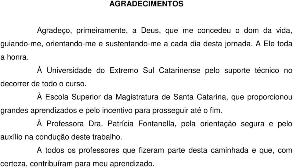 À Escola Superior da Magistratura de Santa Catarina, que proporcionou grandes aprendizados e pelo incentivo para prosseguir até o fim. À Professora Dra.