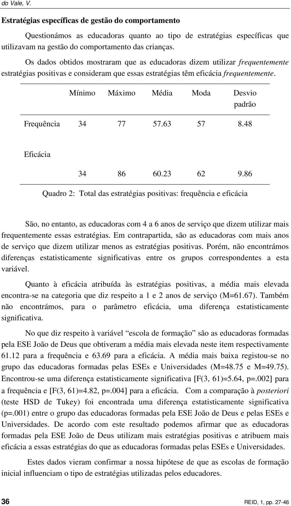 Mínimo Máximo Média Moda Desvio padrão Frequência 34 77 57.63 57 8.48 Eficácia 34 86 60.23 62 9.