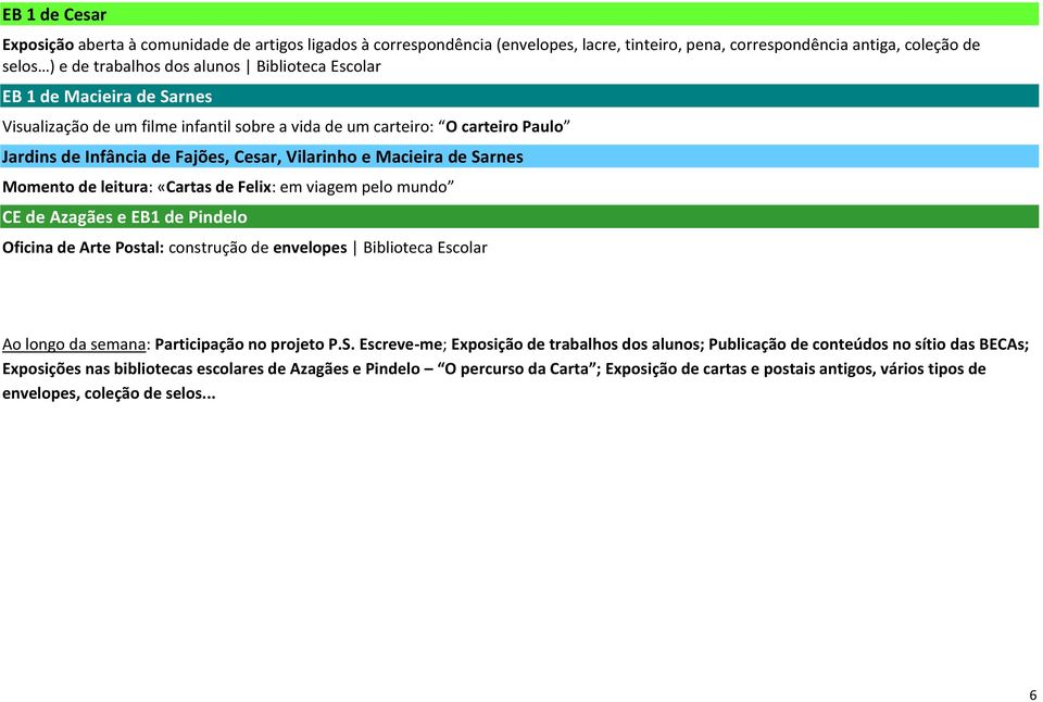 Pindelo Oficina de Arte Postal: construção de envelopes Biblioteca Escolar Ao longo da semana: Participação no projeto P.S.